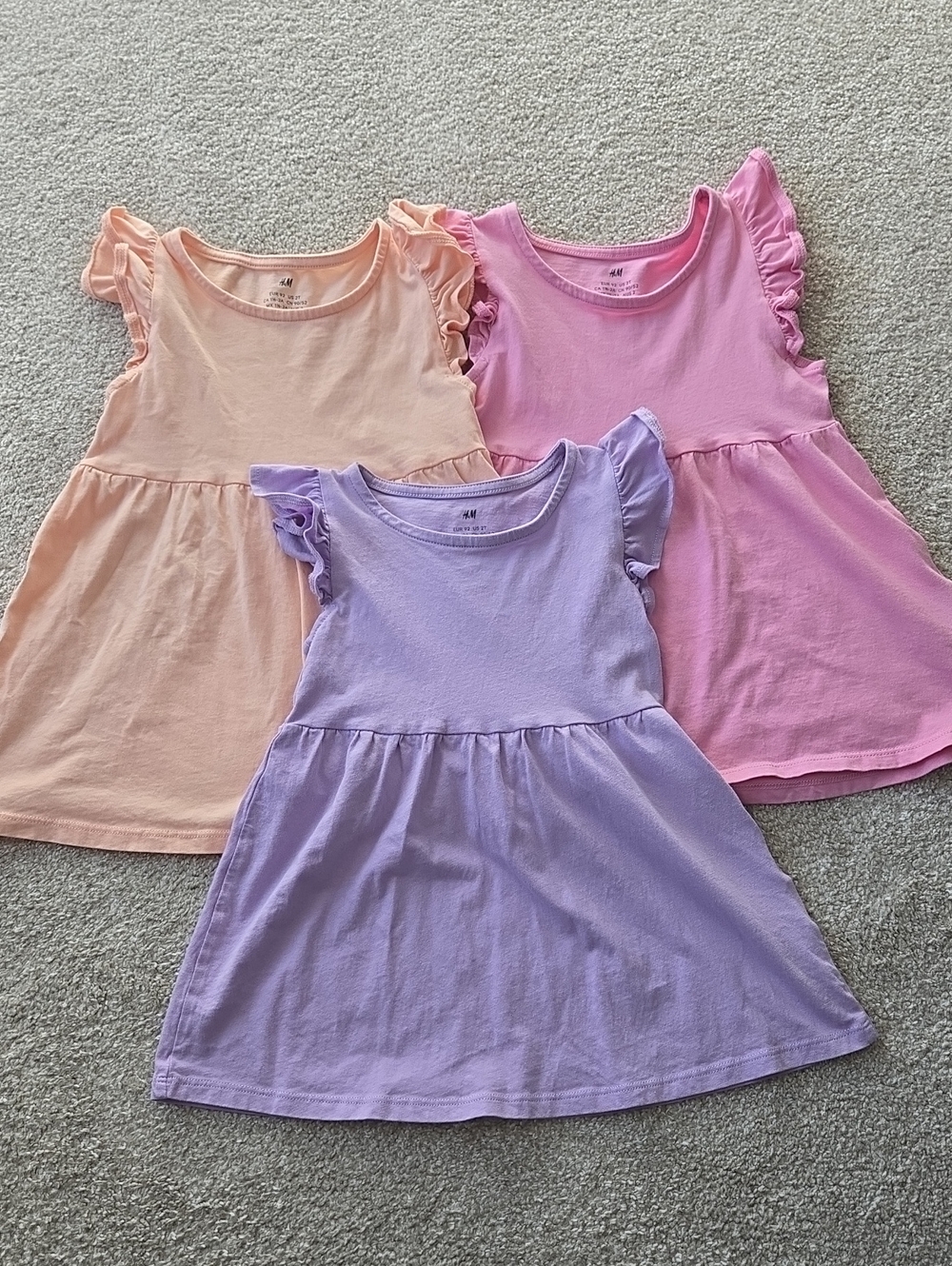 H&M Girls Flutter-Sleeve Cotton Dresses - Pink, Peach & Lavender (3-Pack)
